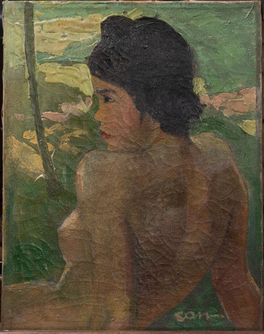 Ecole VIETNAMIENNE - XXe siècle 女性裸体从后面 
布面油画 
右下方有签名