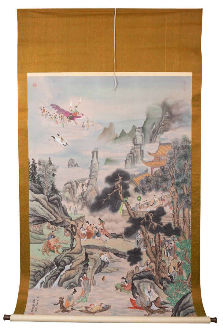 CHINE - XXe siècle 八仙过海，各显神通 
丝绸上的水墨，垂直卷轴 
H.150厘米 - 宽100厘米
