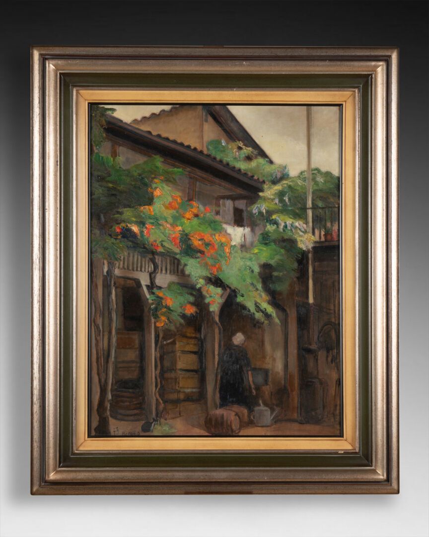 Joseph Paul Louis BERGES (1878-1956) 在院子里拿着浇水壶的女人 
板面油画 
左下方有签名 
H.64 cm - W. 49&hellip;