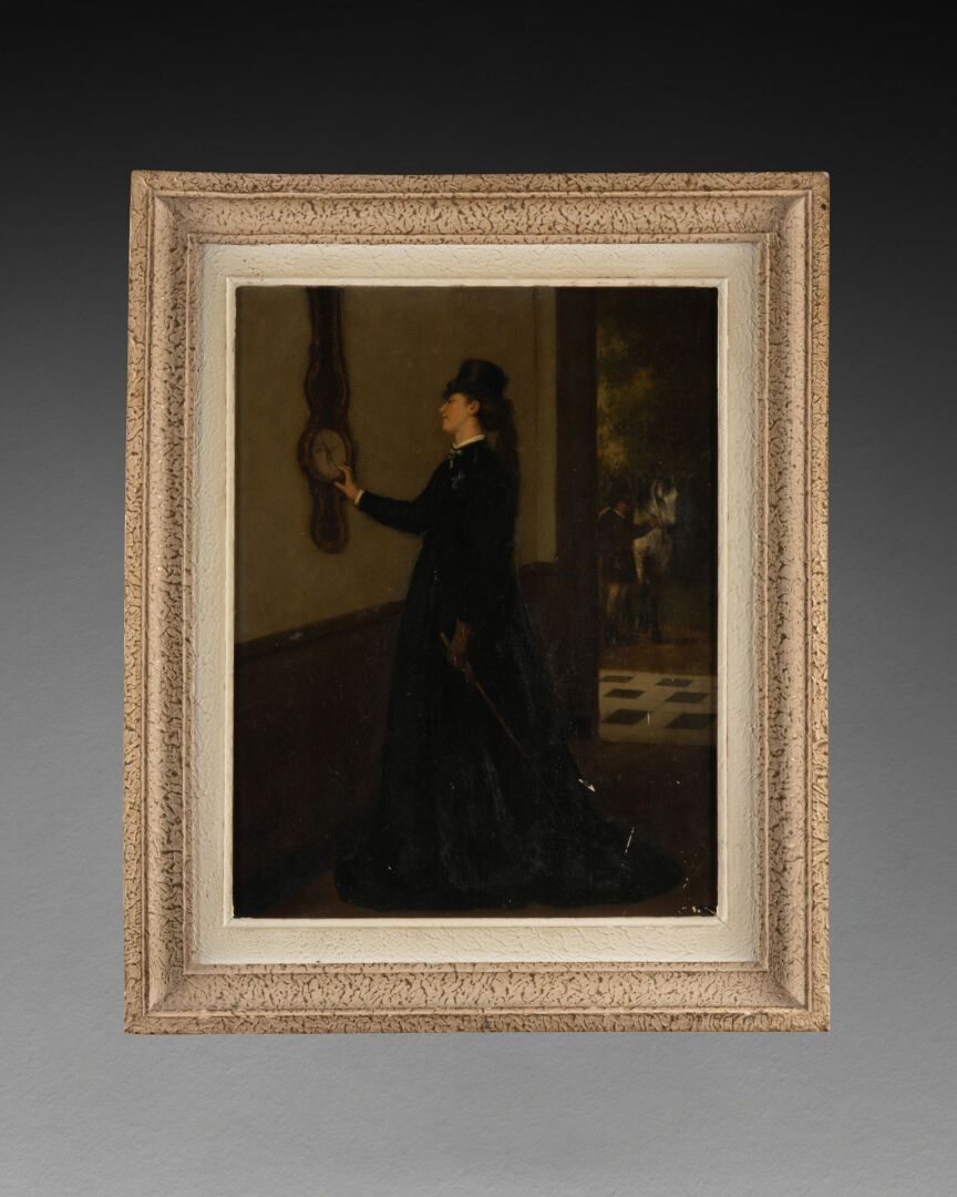 Ecole FRANCAISE de la fin du XIXe siècle Frau mit Uhr 
Öl auf einer Tafel. 
H. 4&hellip;