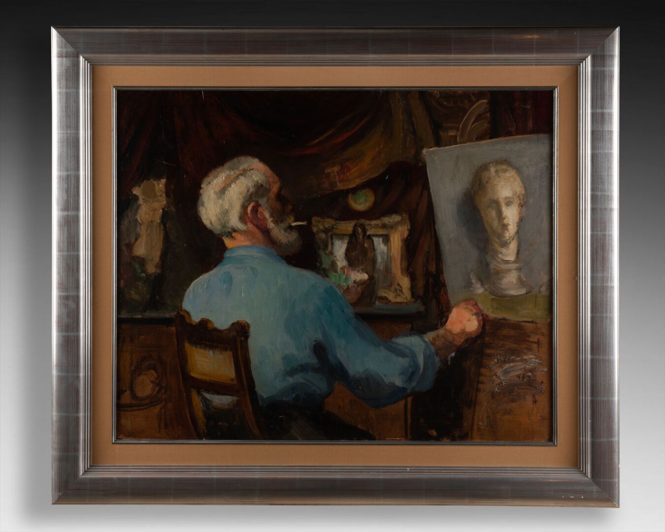 Joseph Paul Louis BERGES (1878-1956) 工作室里的自画像 
板上油画 
左下方有签名 
H.73 cm - W. 89 cm
