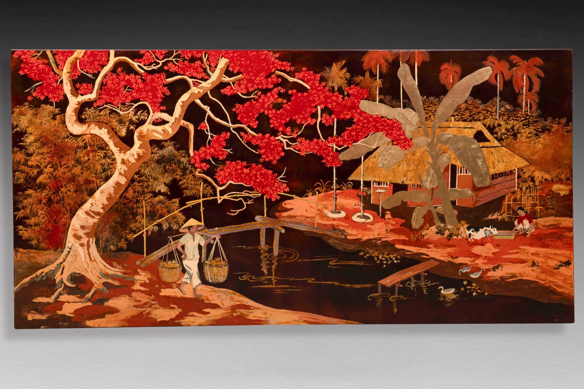 THAN VAN (XXe siècle) Paysage du Tonkin 
Laque sur panneau de bois 
Signé en bas&hellip;
