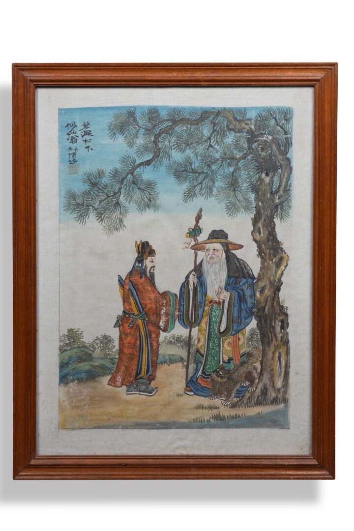 CHINE Duo d'immortels
Paire de peintures sur soie 
Signés 
65 x 48 cm