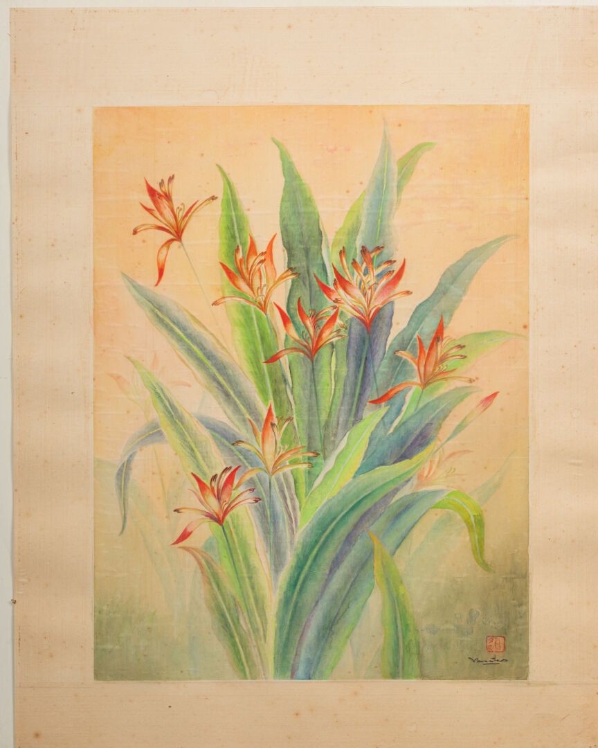 Van Tho TRAN (1917-2004) Iris rouge
Encre sur papier 
Signé en bas à droite 
51.&hellip;