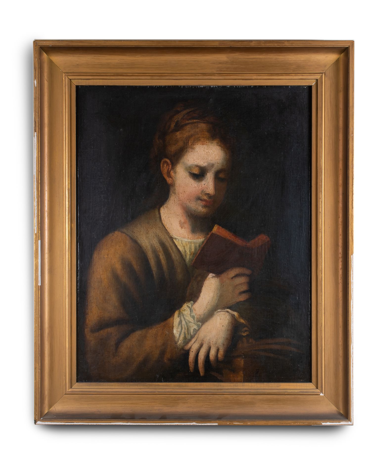 Null 意大利学校，可能是博洛尼亚，17世纪

阅读的年轻女性

布面油画

60.2 x 49.3 cm 正在观看

(修复)