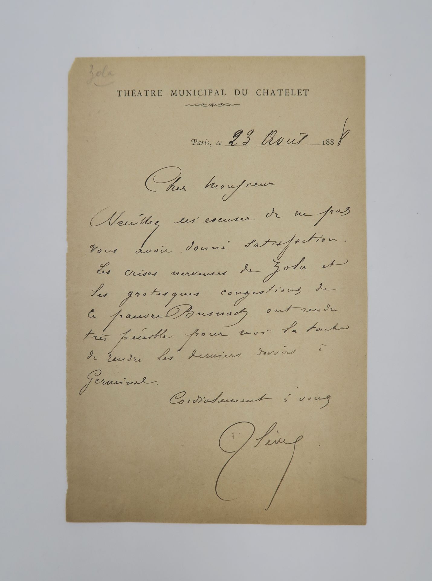Null [ZOLA, Émile] 。LÉVY, E. 亲笔签名信，巴黎，1888年4月23日。在夏特莱市政剧院的信笺上。

1 p.(13.5 x 21 c&hellip;