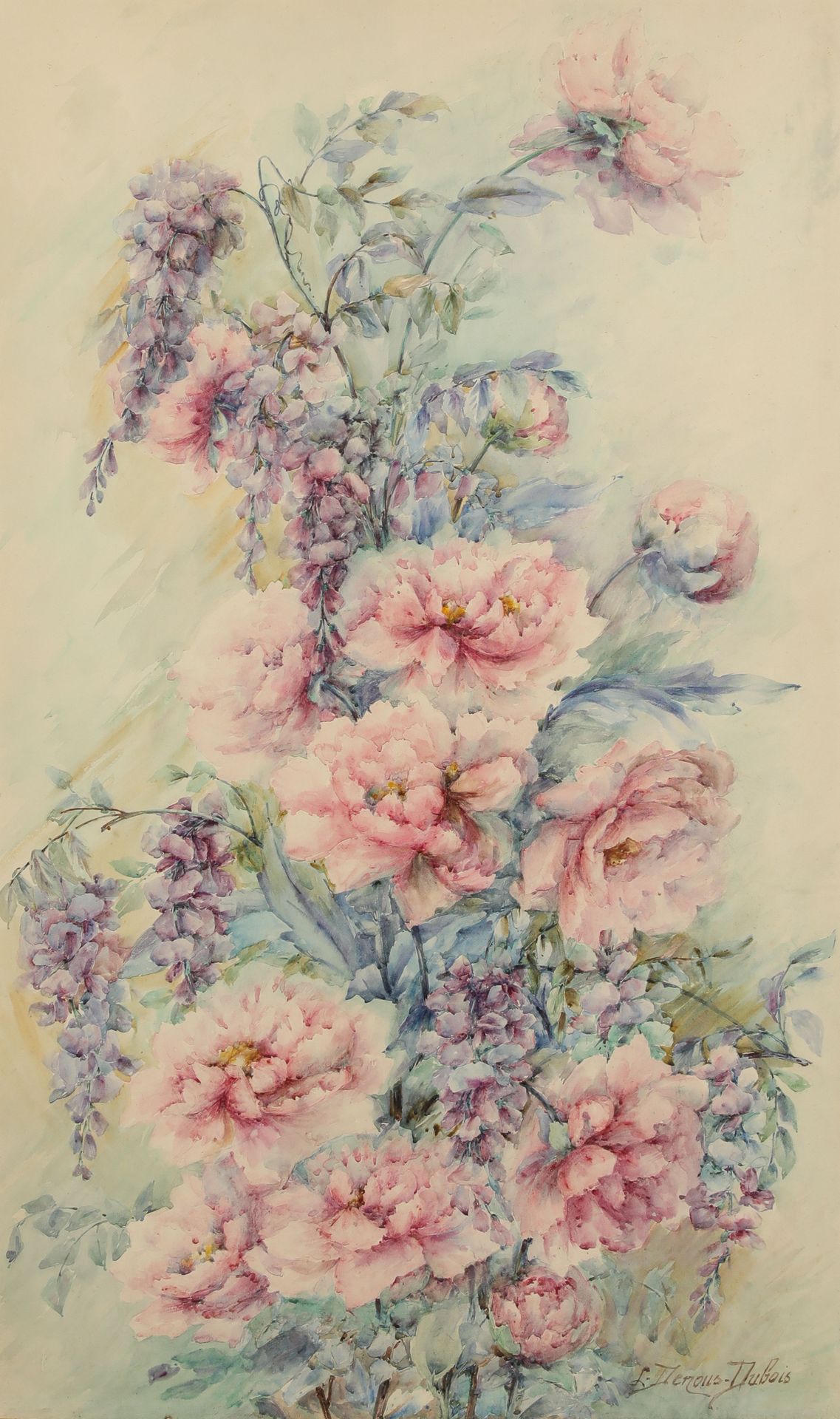 Null Louise DENOUS DUBOIS (20世纪)
甘蔗和牡丹
纸上水彩画，右下角签名
100 x 60 cm at sight