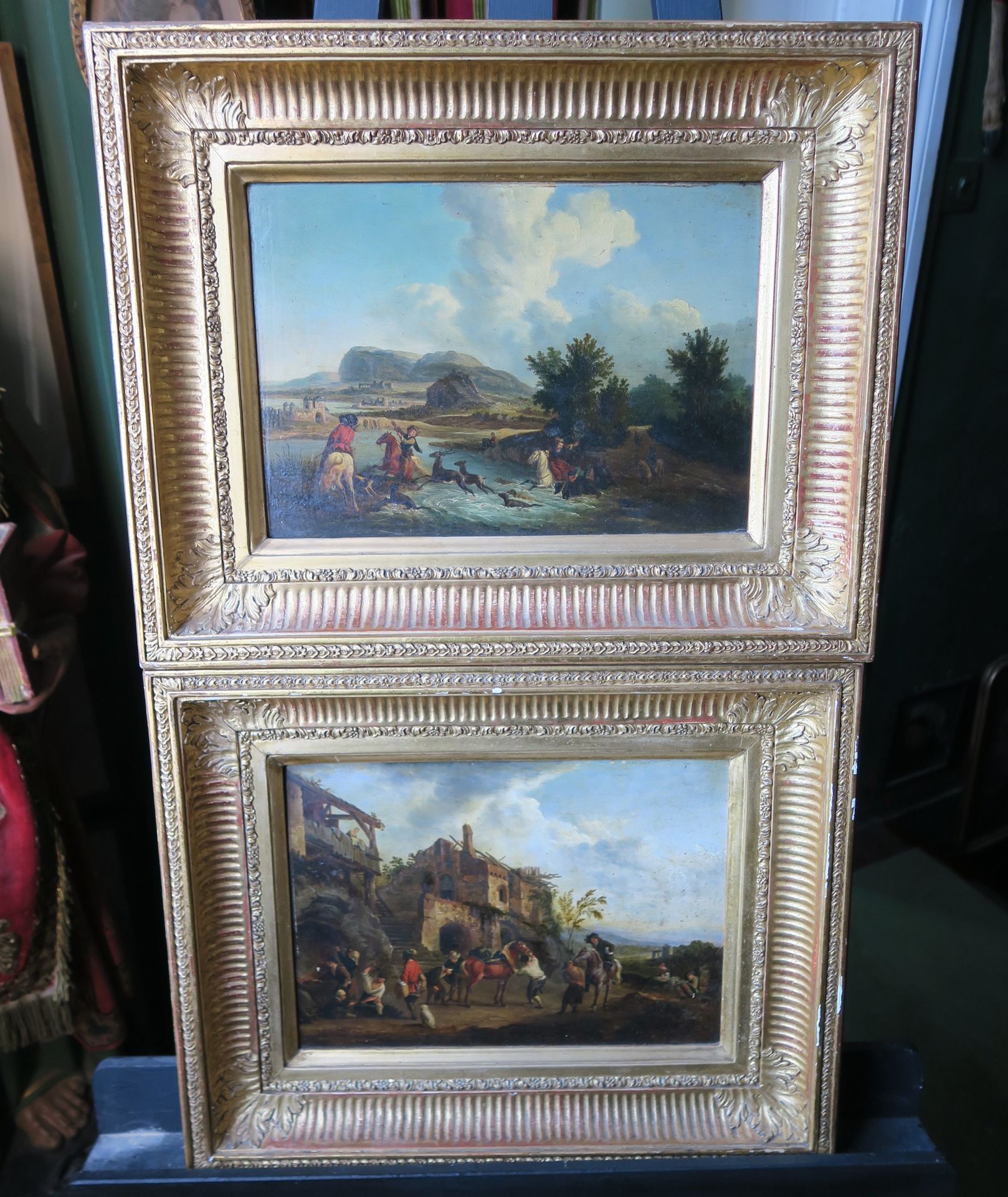 Null 18世纪末的荷兰画派
狩猎场面和费朗元帅
板上油画
23,5 x 33,5 cm 
(污损、小事故和缺框)