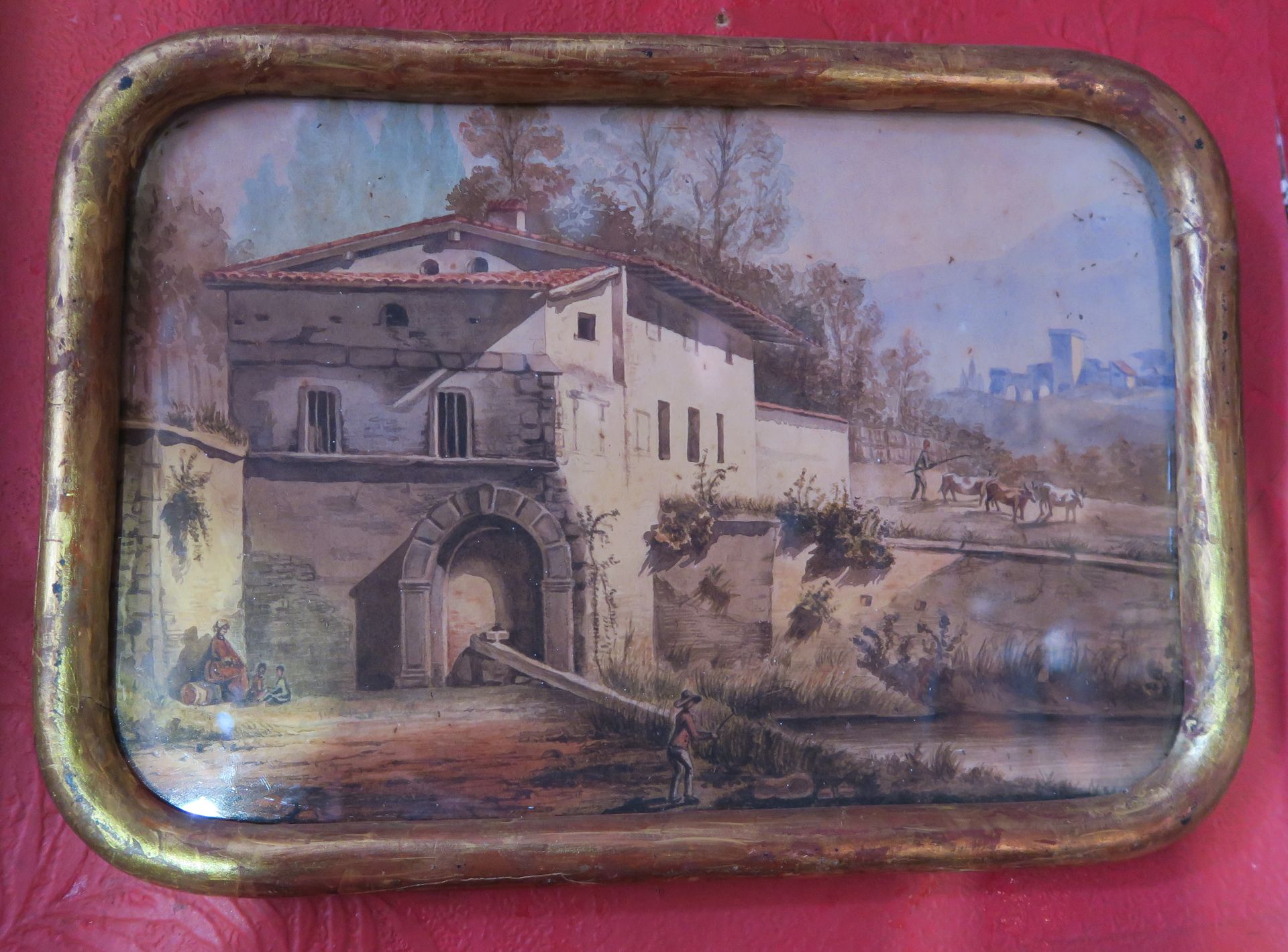 Null Ecole du XIXe siècle 
Paysage animé d’une maison et de personnages au bord &hellip;