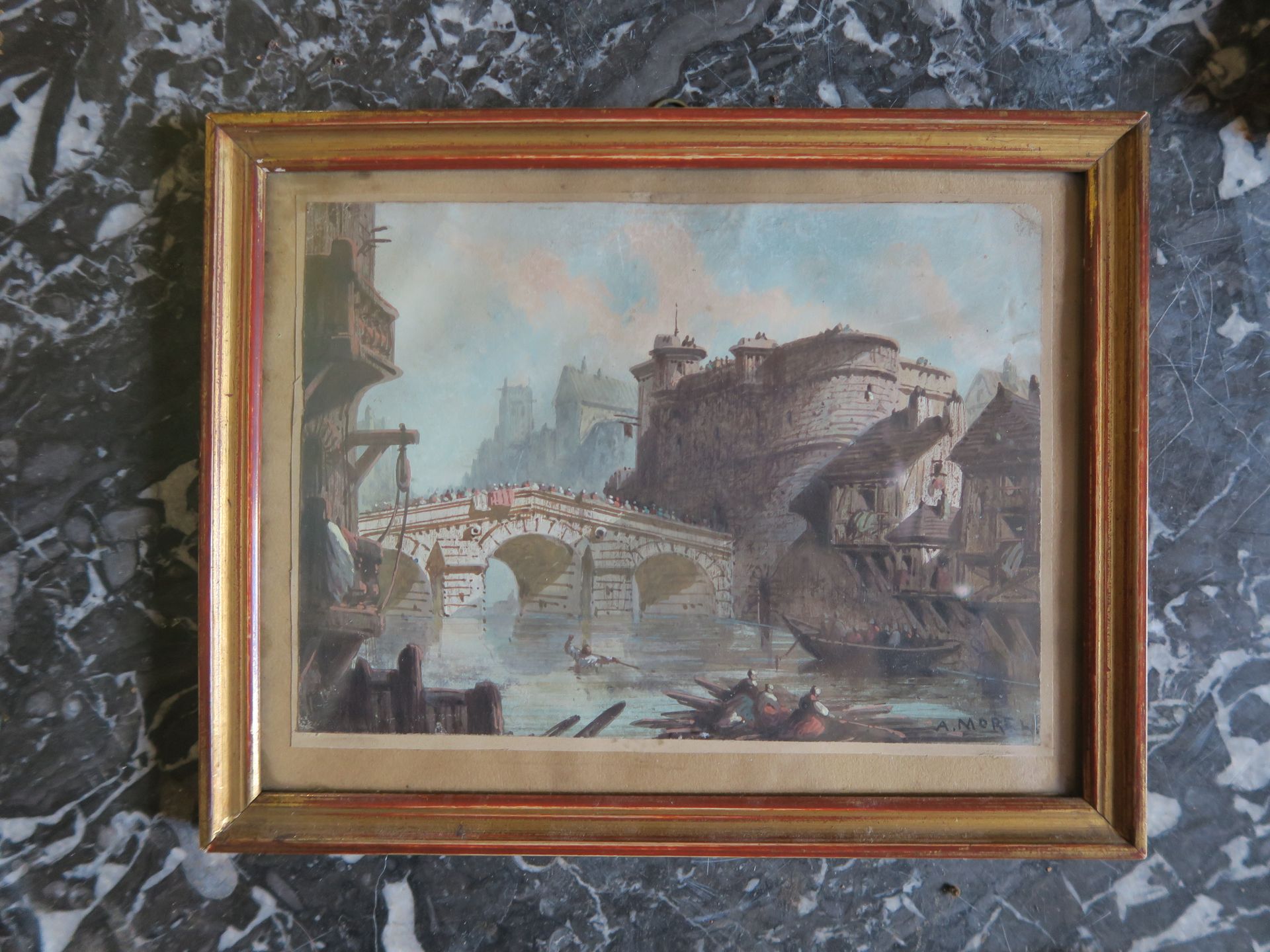 Null A.MOREL
古老的鲁昂风景
纸上水粉画，右下角有签名 
12,5 cm x 17,5 cm