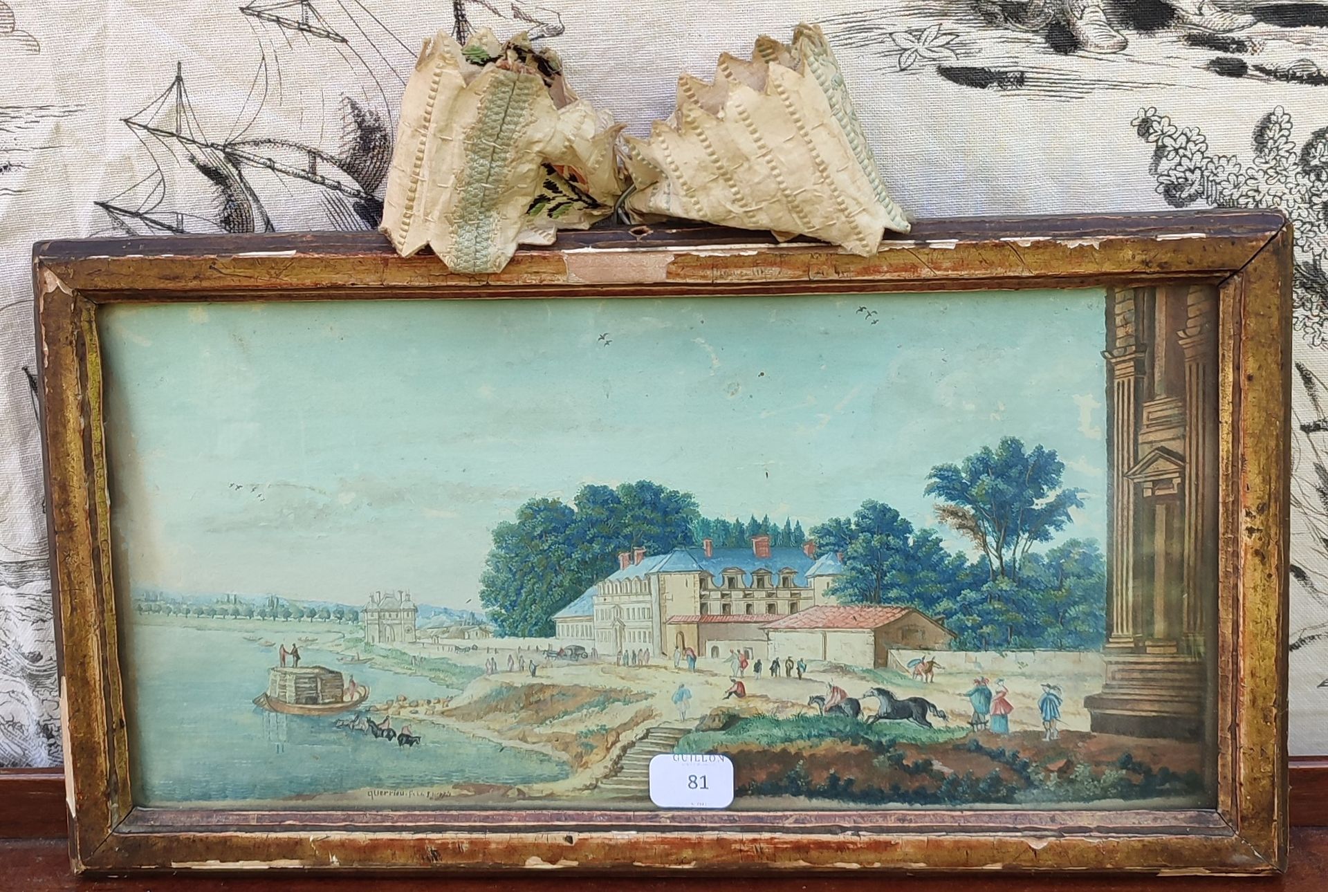 Null 19世纪的学校，Querrieu
有人物的河边风景，巴黎的会议港口
纸上水粉画 
11,5 x 23,7 cm