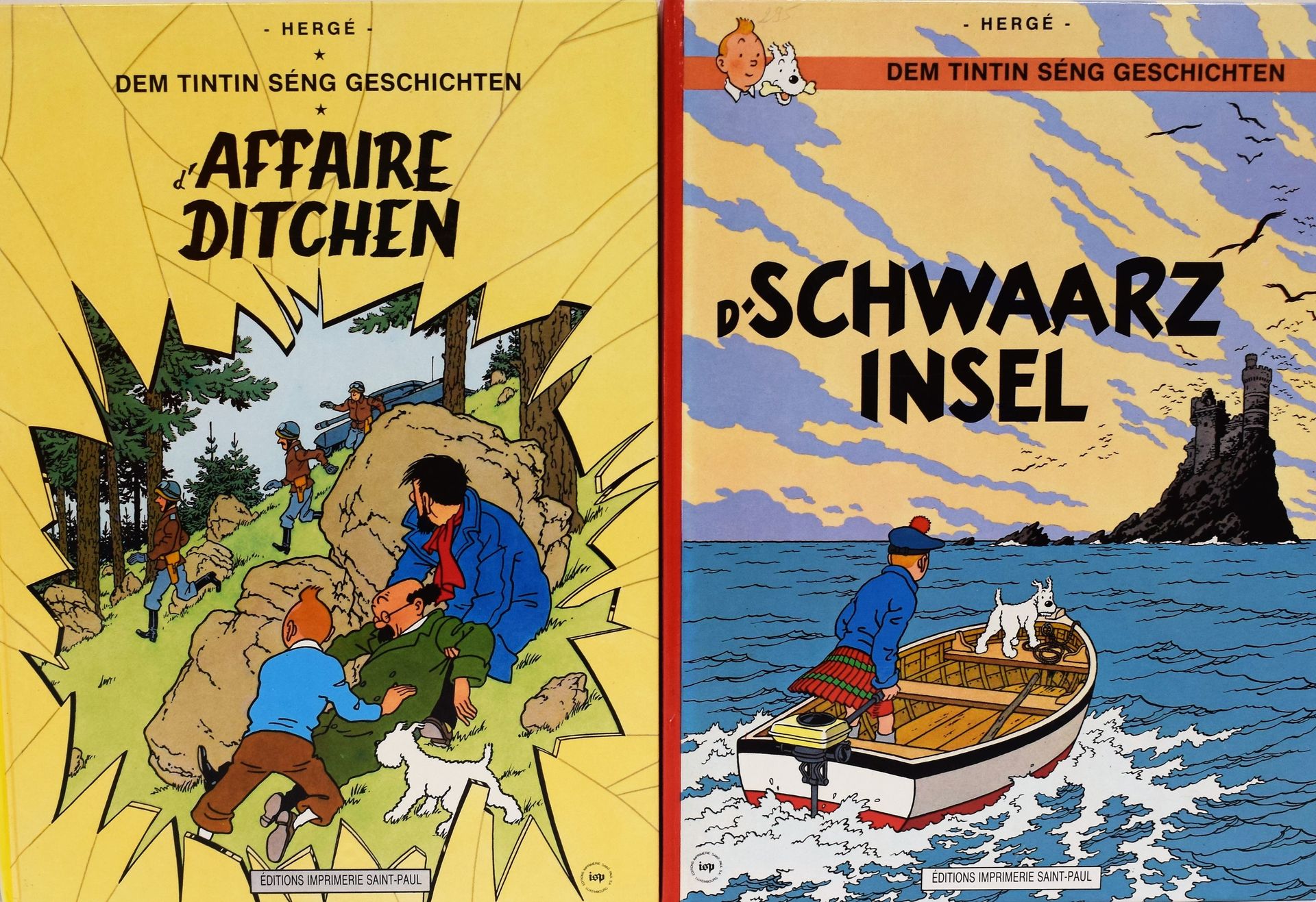 Null (Comics) Set of 2 TINTIN comics: 1. D'Schwaarz Insel, 1988 (Imprimerie Sain&hellip;