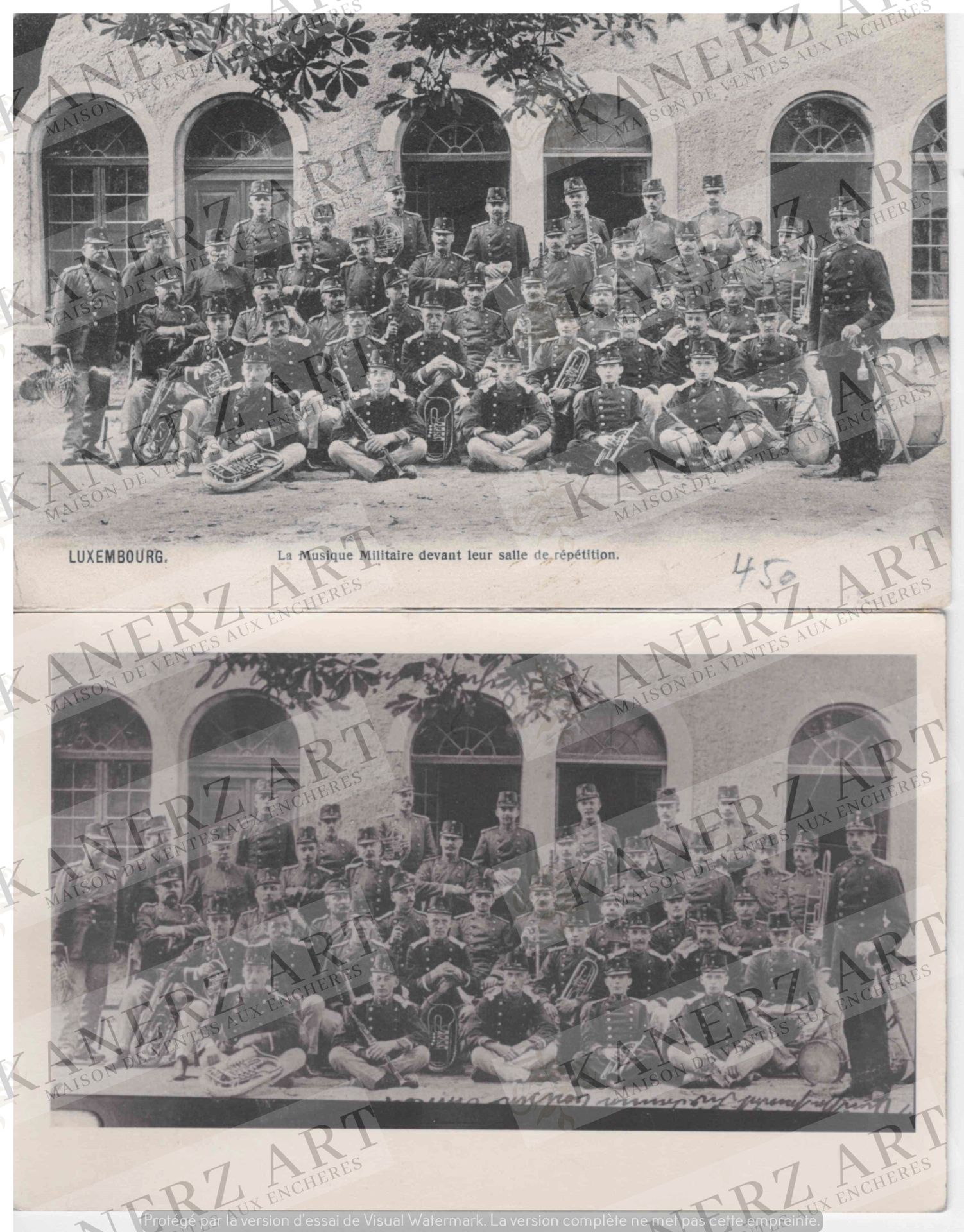 Null (WAR I) 2张关于军乐队的卡片：1.军乐队在他们的排练厅前，约1905年，2.同一张卡片是后来重新发行的，背面有人物的标识