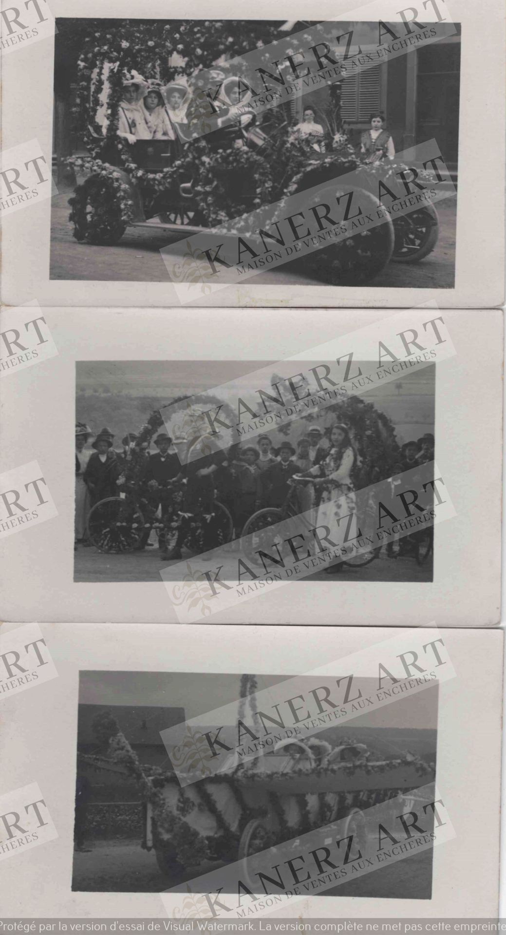 Null (官方)3张有汽车、自行车和牛车的花节照片卡，约1910年。