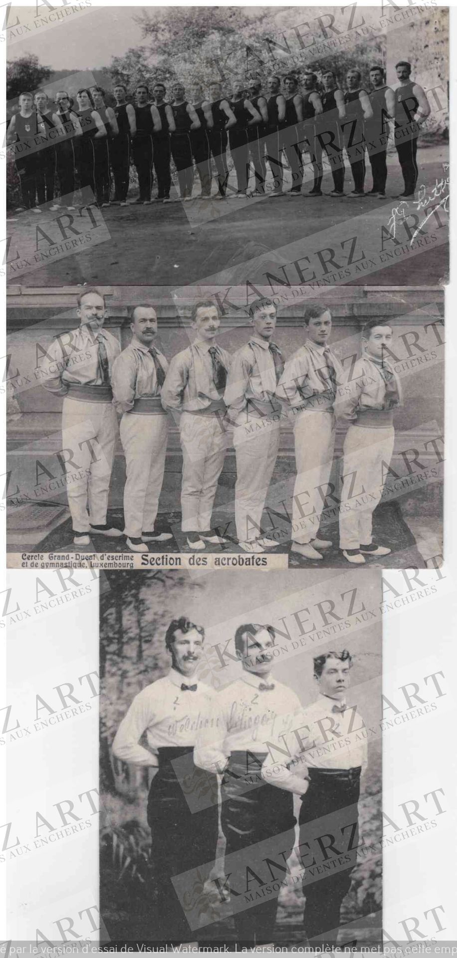 Null (体育/体操）1.成年男子体操队的照片卡，J.P.Lutty，2.卢森堡大公国击剑和体操圈杂技演员部分的明信片，约1910年，3.3名杂技演员的明信片&hellip;