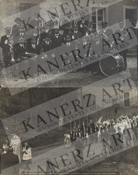 Null SENNINGEN: 1. Tarjeta fotográfica, Fanfare, ca. 1915, 2. Procesión, 1916