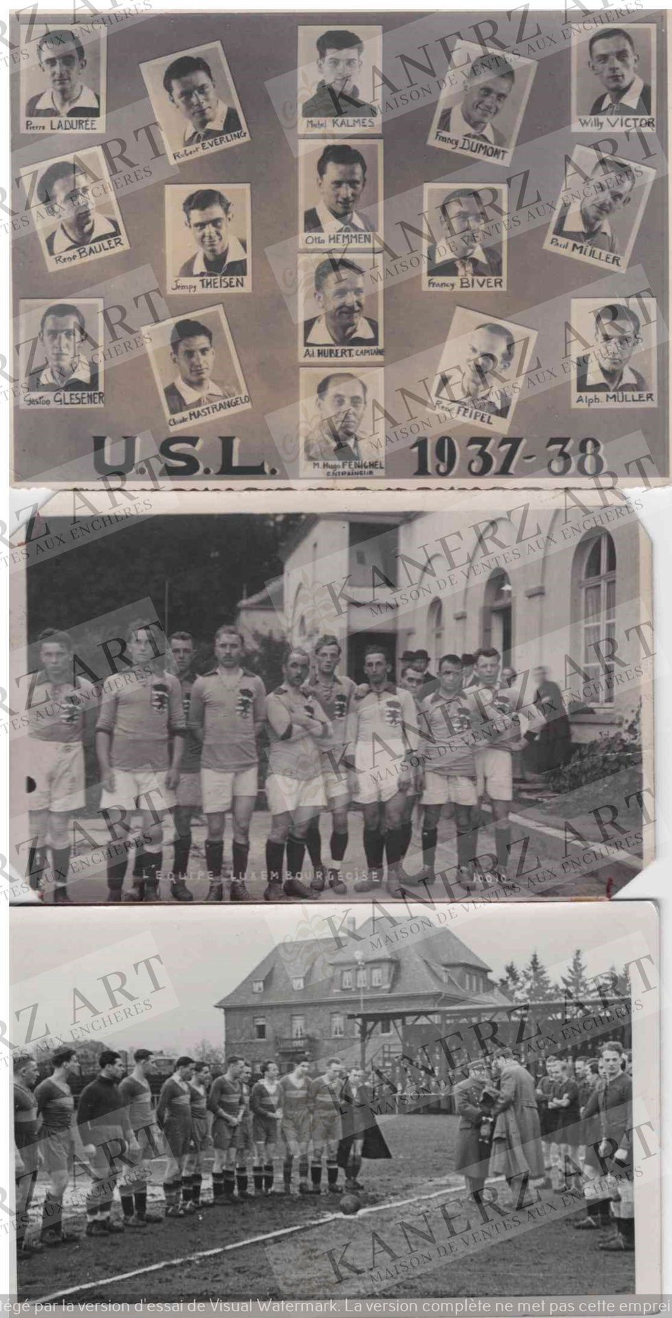(SPORT/FOOTBALL) 3 cartes photos de l'équipe du Luxembourg : 1. U.S.L. 1937 38, &hellip;