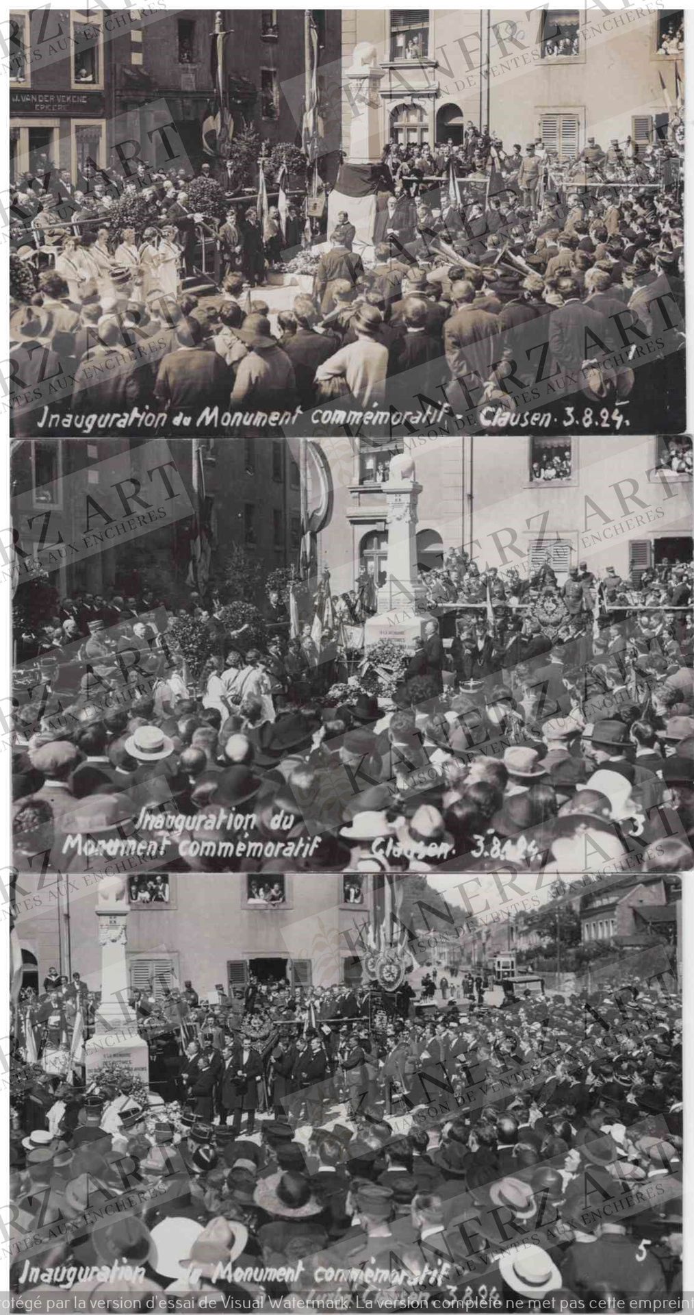 Null (WAR I) 3 cartes photo de l'Inauguration du Monument commémoratif, Clausen,&hellip;