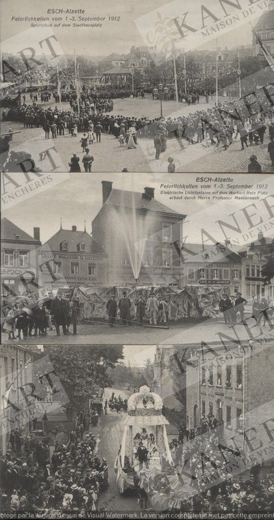 Null ESCH/ALZETTE: 一套9张 "Feierlichkeiten "卡，1912年，7种不同的观点，包括一张照片卡