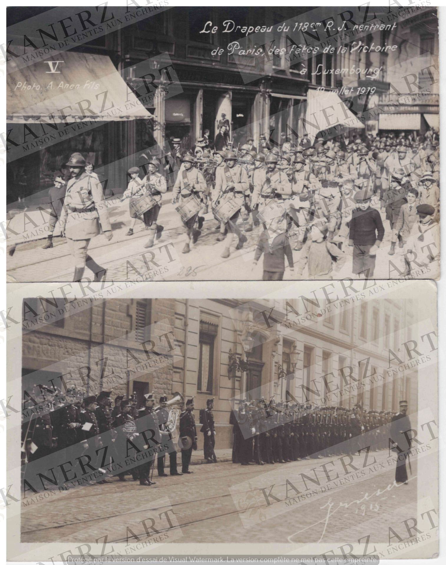 Null (WAR I) 2 photo cards: 1. 118th Regiment flag returning from Paris, Victory&hellip;