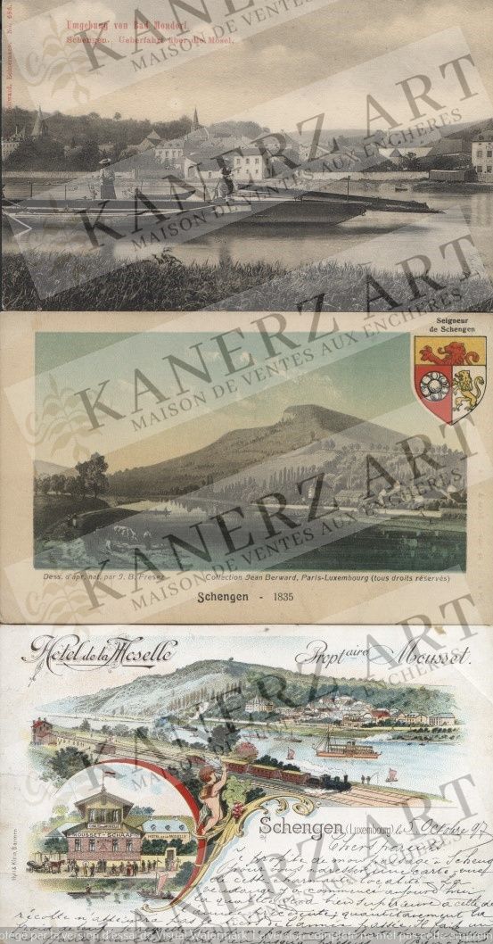SCHENGEN : 1. Hôtel de la Ville, Hyll Klein, 1897, 2. 2 x cartes reproduction de&hellip;