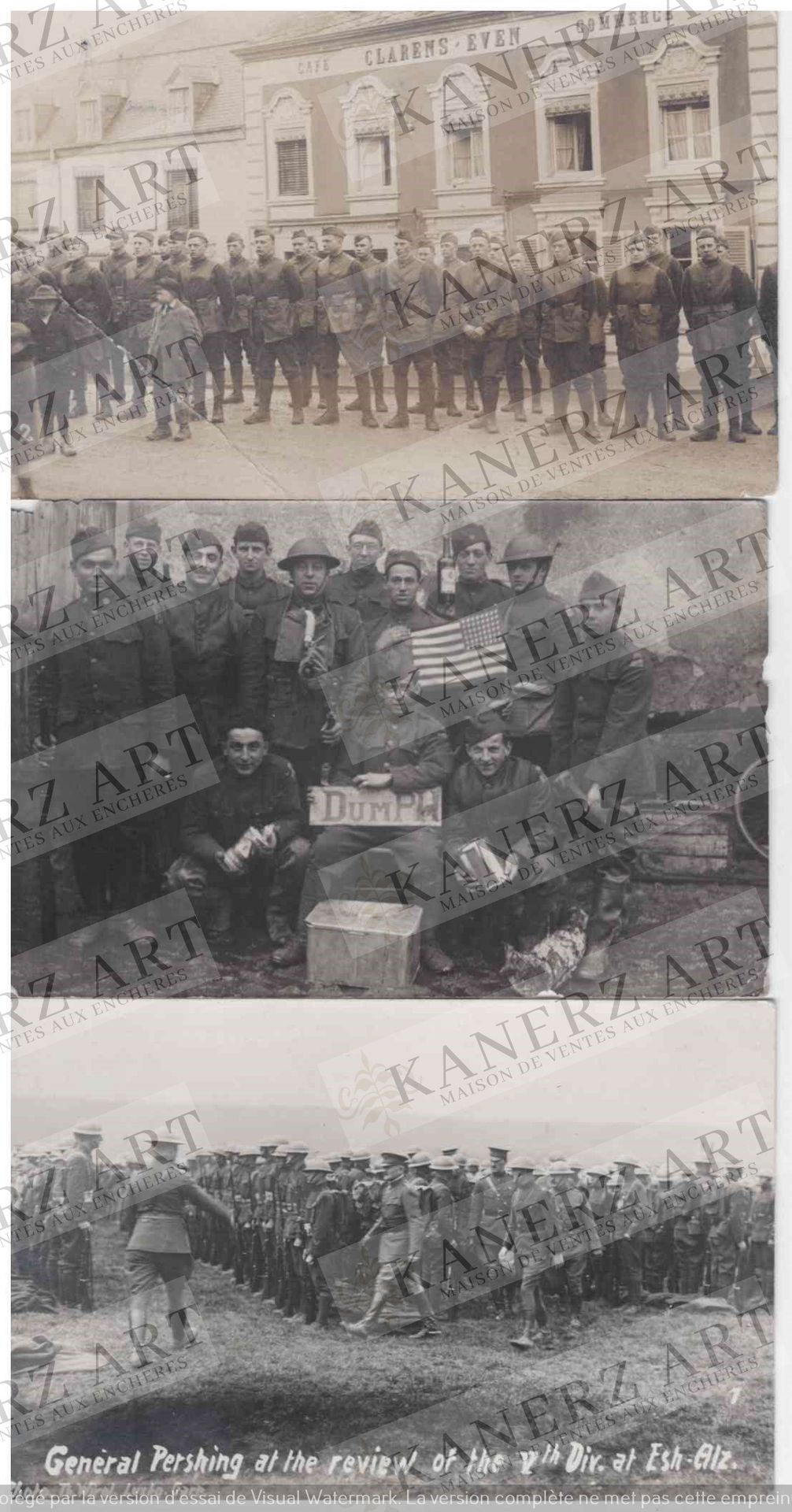 Null (第一战)3张美军卡片：1.Clarens-Even咖啡馆前的照片，约1910年；2.带有美国国旗和 "DumPH "标志的合影；3.Pershing&hellip;