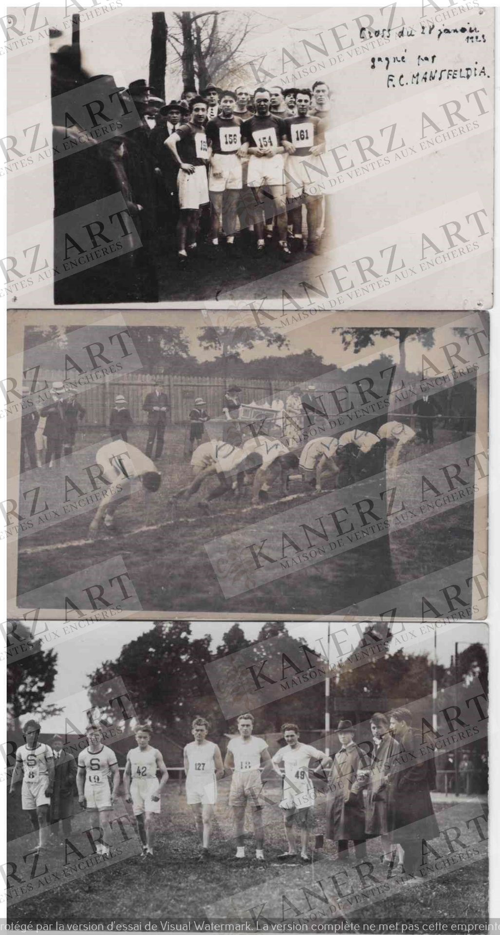 Null (体育/越野) 1.1923年1月28日F.C.曼斯菲尔德赢得越野赛的照片，2.起跑线上的选手照片，每个人都用铅笔写了一个字母，3.选手休息时的照片。