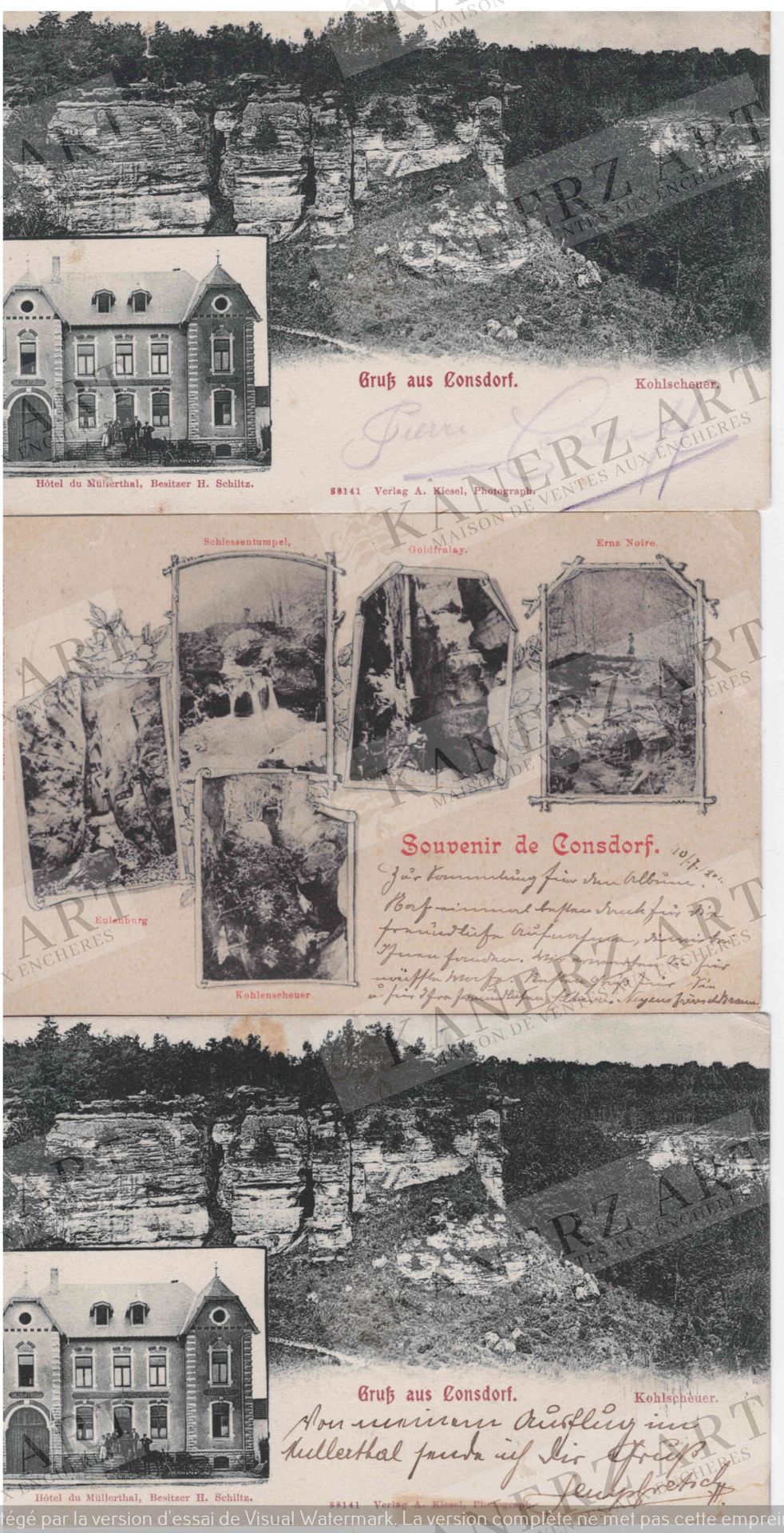 Null CONSDORF: 1. 2 x Kohlscheuer, Gruß aus C., Kiesel, ca. 1905, 2. Souvenir au&hellip;
