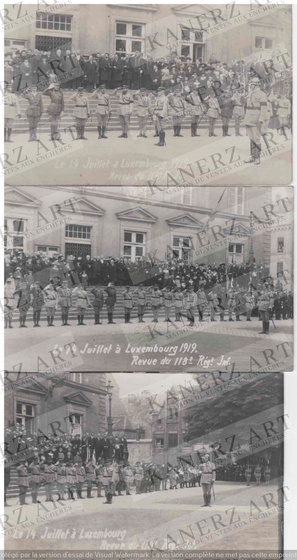 (WAR I) 3 cartes photos "Le 14 juillet à Luxembourg 1919, Revue du 118ème Régime&hellip;