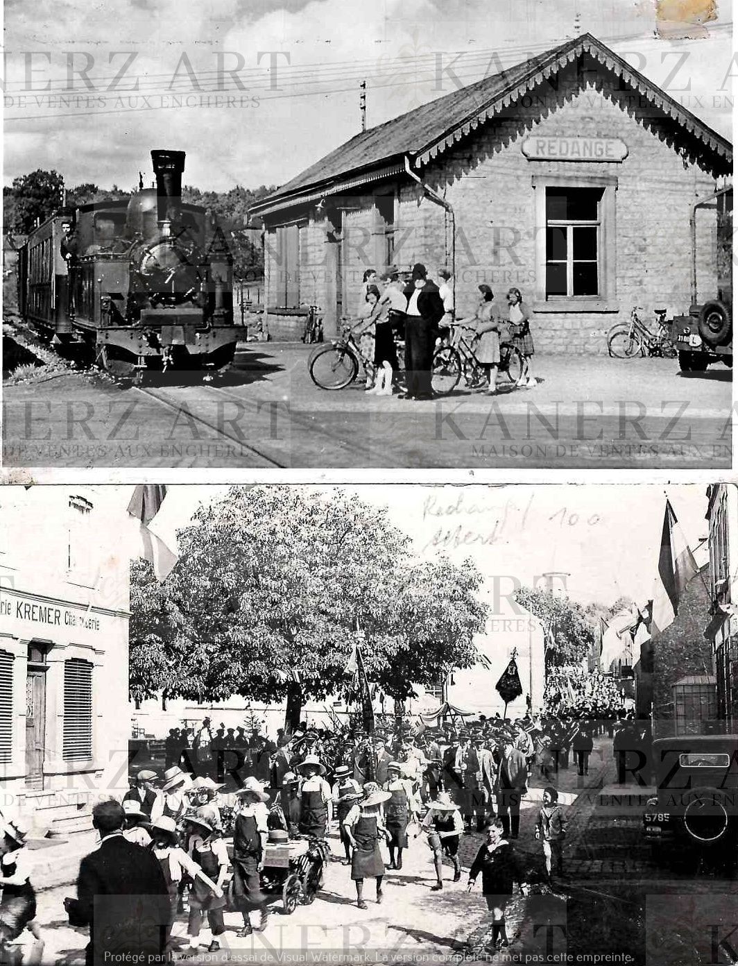 Null REDANGE: 2 photo cards: 1. The train station, Krauss #1309, 2. Crowd near t&hellip;