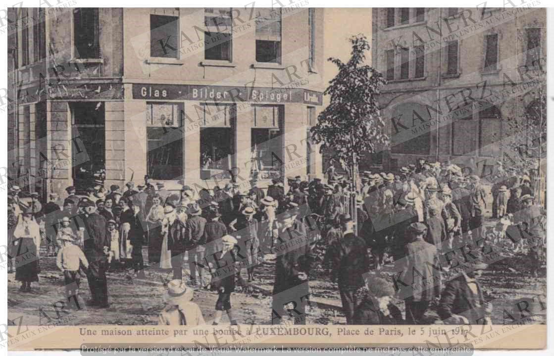 Null (一战)1917年6月5日在卢森堡巴黎广场被炸弹击中的房子的明信片，Wirol