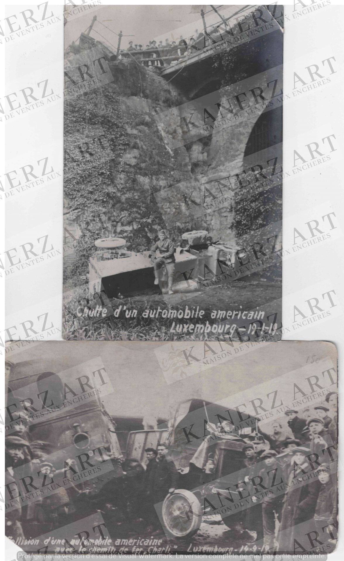 (WAR I) 2 cartes photos : 1. Chutte d'un automobile américain, Luxembourg 19 1 1&hellip;