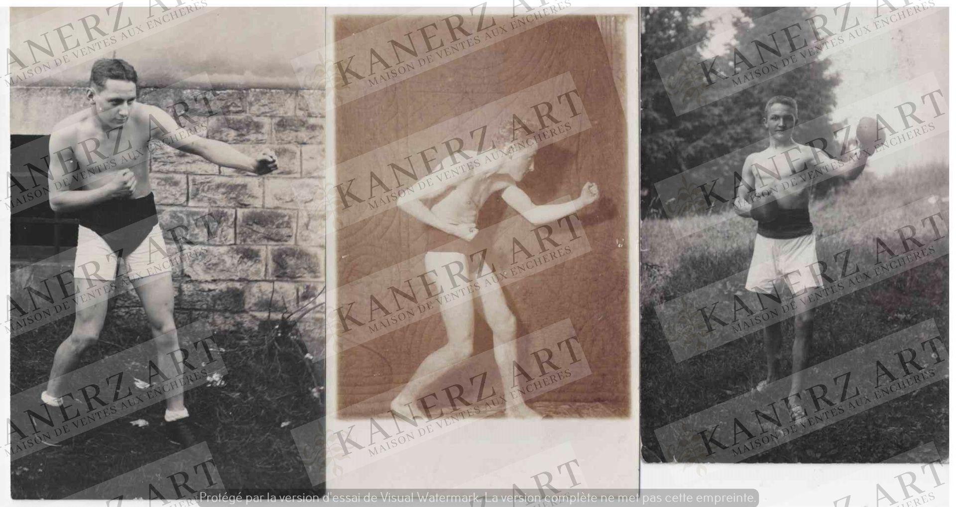 Null (BOXEN) Gezeichnete und kolorierte Postkarte eines Boxkampfes, 1939 + 3 Fot&hellip;