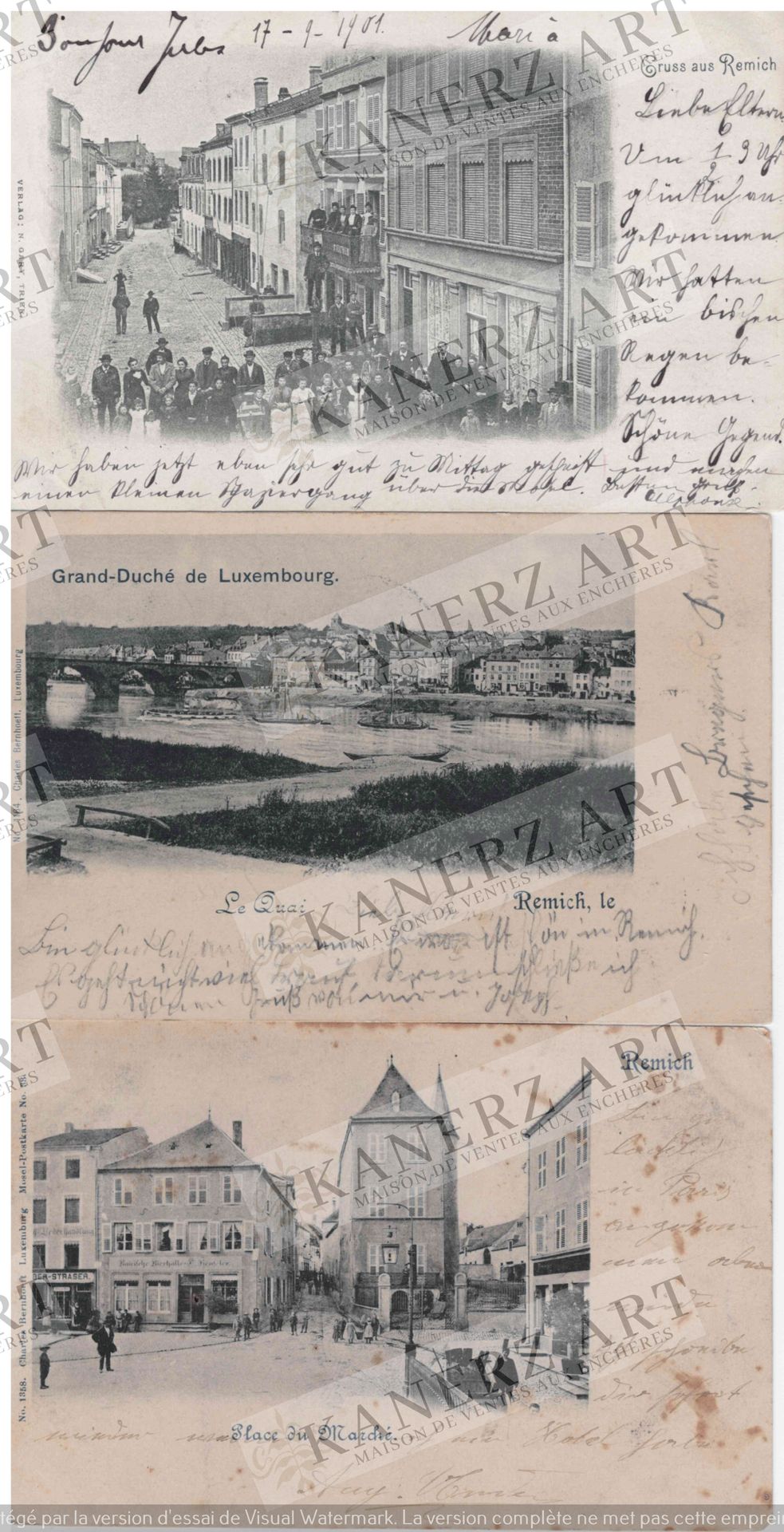 Null REMICH: 1. Gruss aus Remich, Gary, ca. 1900, 2. Panorama desde Wingertsberg&hellip;