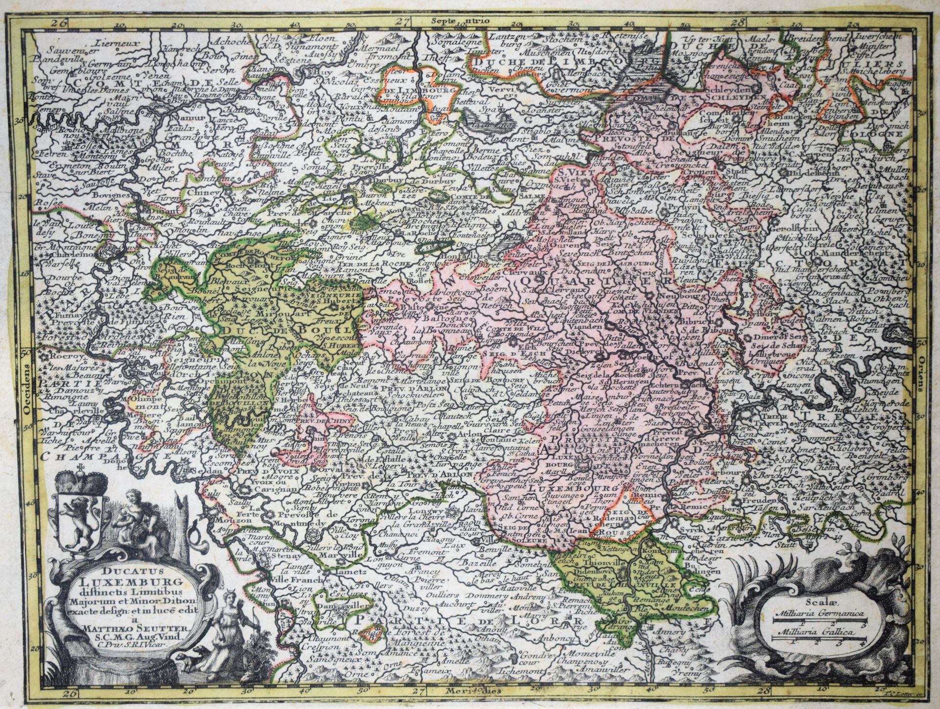 Null (MAPA) Raro mapa en acuarela, Georg Matthäus SEUTTER "Ducatus Luxemburg dis&hellip;