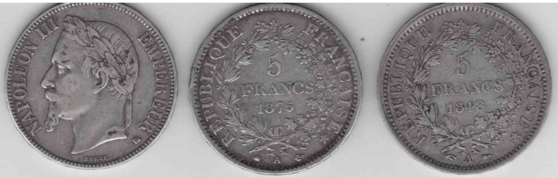 Null (数量) 一套3枚法国5法郎银币：1.海格力斯二世共和国1848年，铸币A，2.拿破仑三世头顶月桂冠1869年，铸币BB，3.海格力斯三世共和国187&hellip;