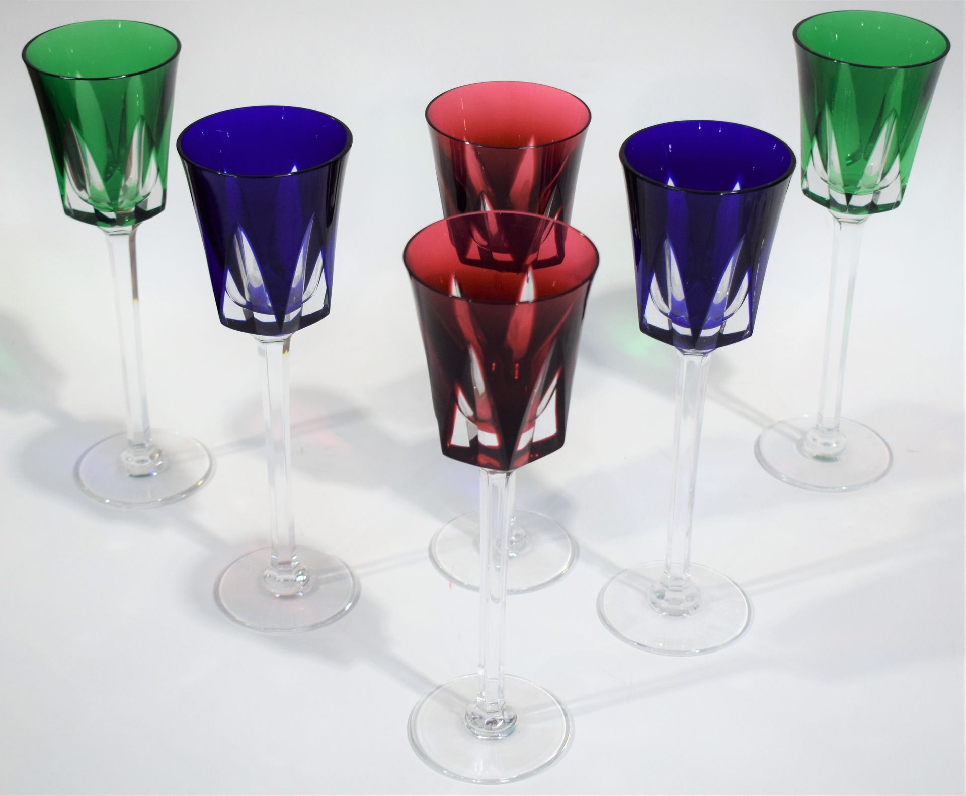 Null SEVRES, Set of 6 colored CRYSTAL wine glasses, model SEGOVIE, signed under &hellip;