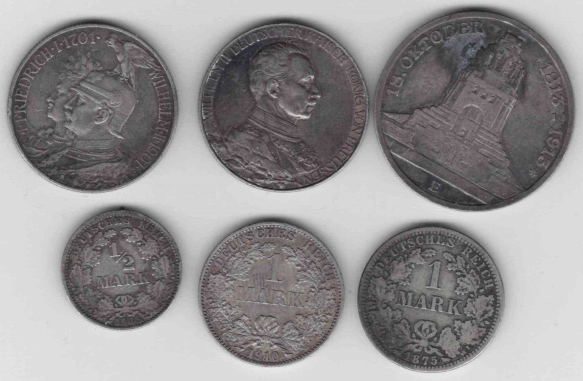 Null (NUMISMATICS)德国1914年前的银币套装：1.1875年1马克，2.1910年1马克，3.1/2马克-威廉二世1905年，4.3马克莱比锡&hellip;