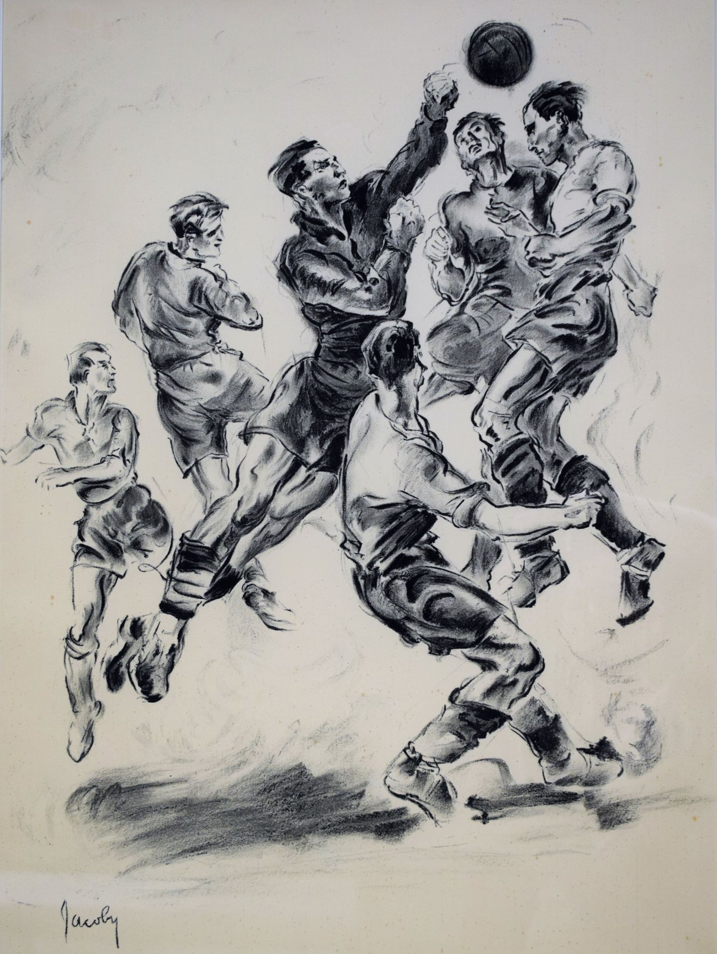 Null Jean JACOBY (1891-1936)，《足球比赛》，大型石版画，版上有签名，有精美的框架，77 x 56厘米

|

Jean JACOBY&hellip;