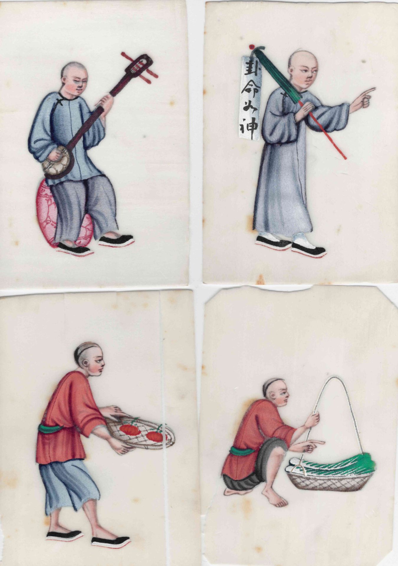 Null (CHINA) Satz von 4 farbig gehöhten Zeichnungen auf dünnem Reispapierblatt, &hellip;