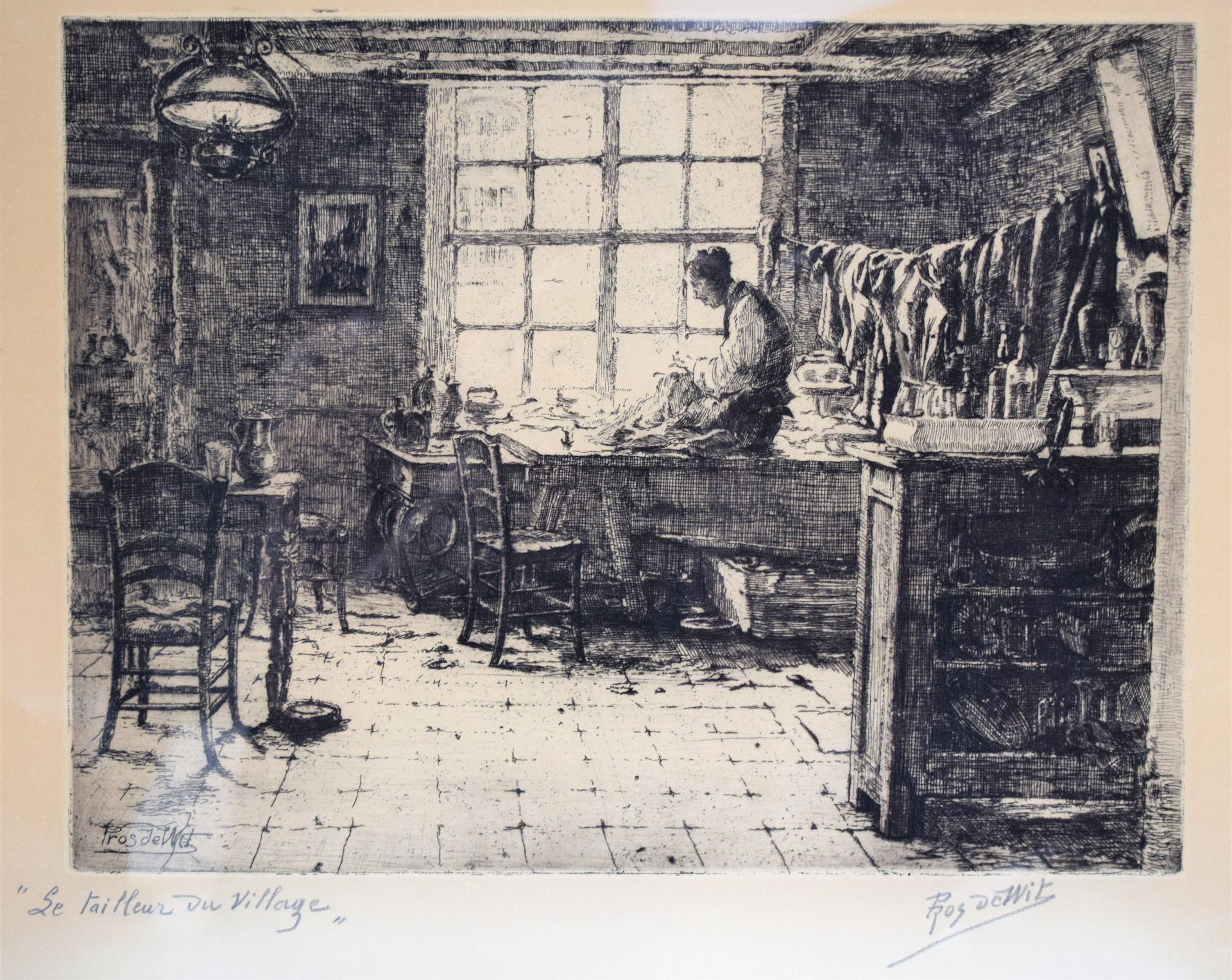 Null Pros DE WIT (1862-1951), belgischer Künstler, Le Tailleur du village, Radie&hellip;