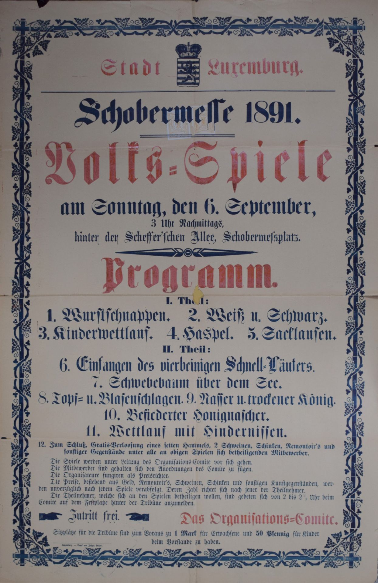 Null (海报）"Volks-Spiele "海报，作为 "Schobermesse 1891 "的一部分，89 x 58 cm（小裂缝+中间缺了一个）。