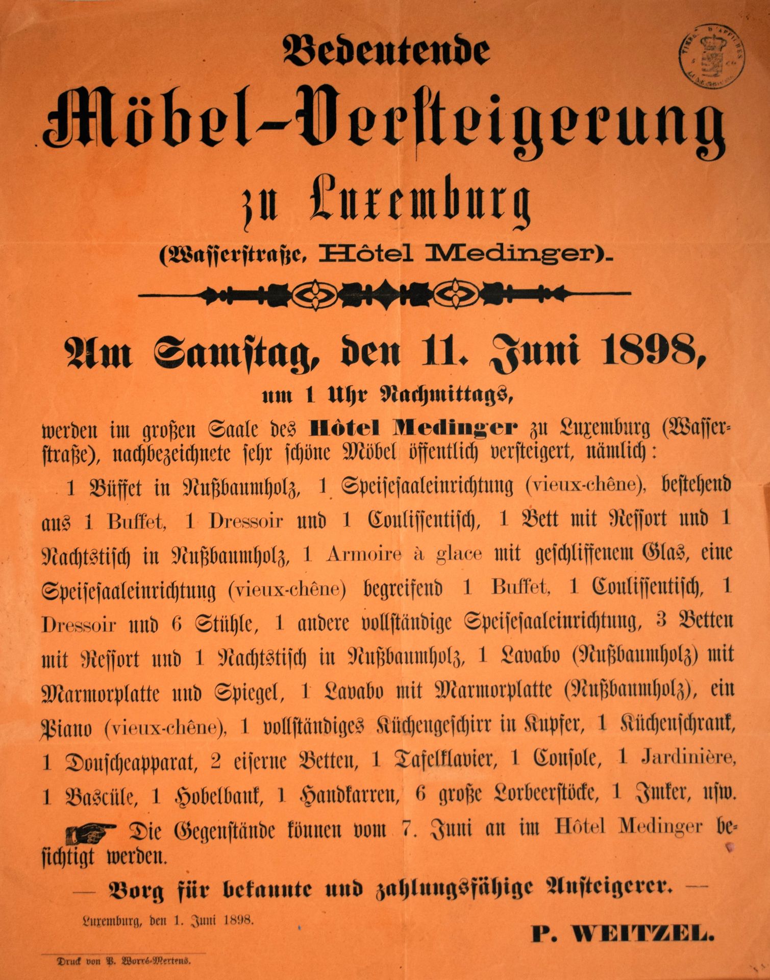 Null (海报）关于1898年在Rue de l'eau的MEDINGER酒店出售家具的公证海报，"Bedeutende Möbel-versteigerun&hellip;