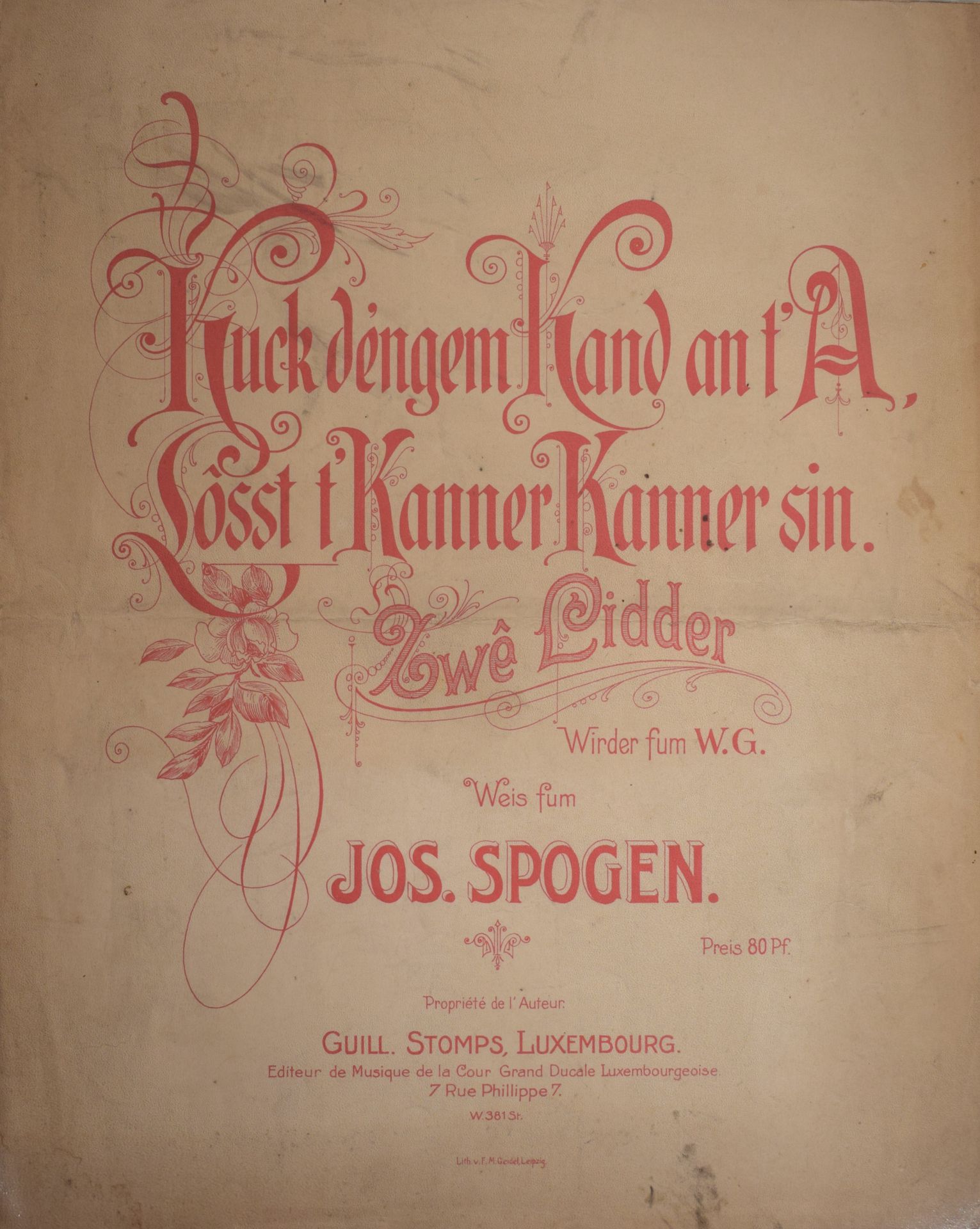 Null (MUSIC) Music score by Jos. SPOGEN : Kuck déengem Kand an t'A, Losst t'Kann&hellip;