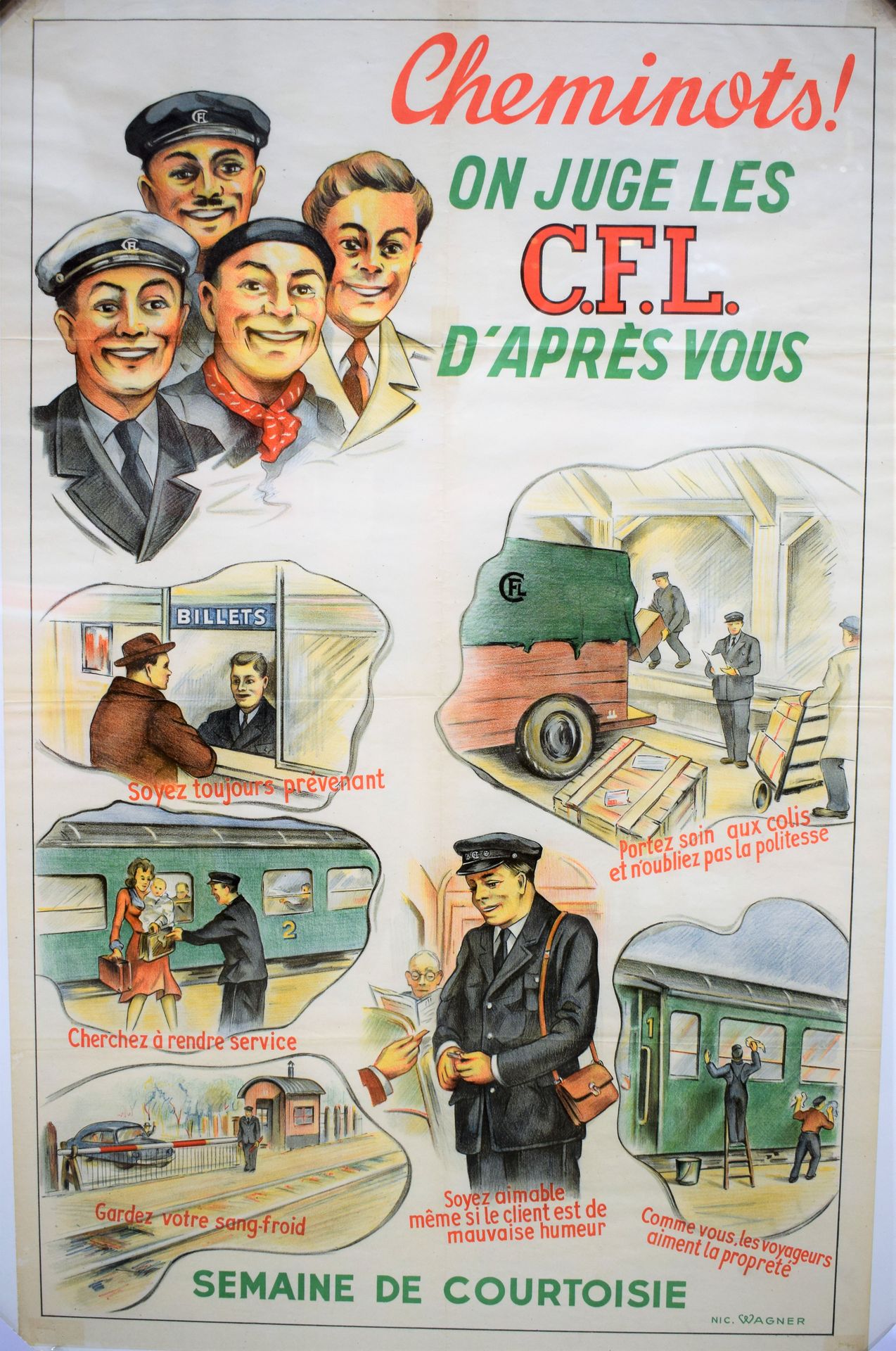 Null (海报）稀有的CFL海报，由Nic绘制。瓦格纳 "Cheminots !我们根据你的情况来判断C.F.L.。礼貌周"，战后时期，状况良好，85 x 5&hellip;
