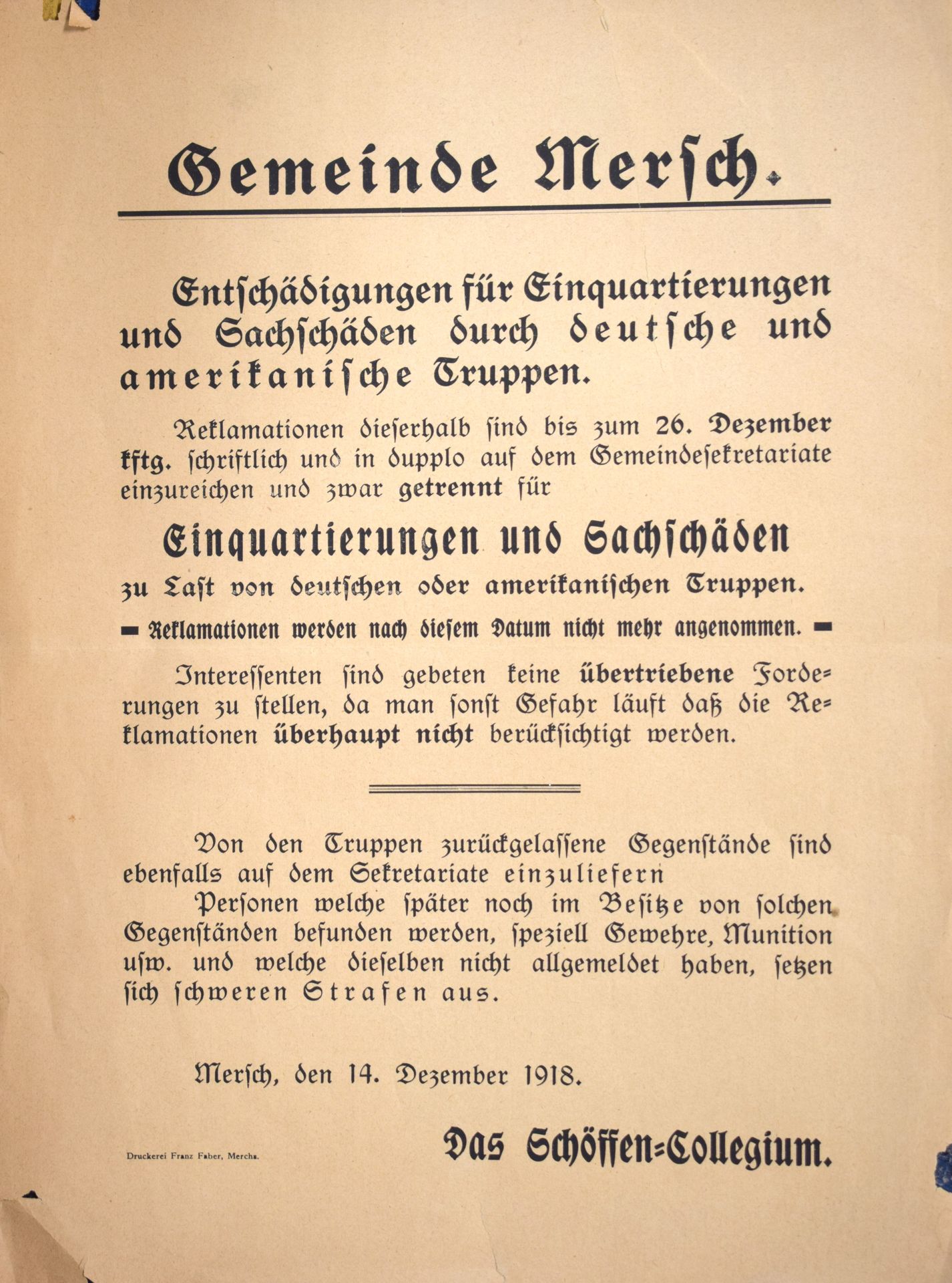 Null (一战)梅尔施市的海报，就在停战后关于战争损失的宣布，Druckerei Franz Faber，梅尔施，边缘有小的撕裂。