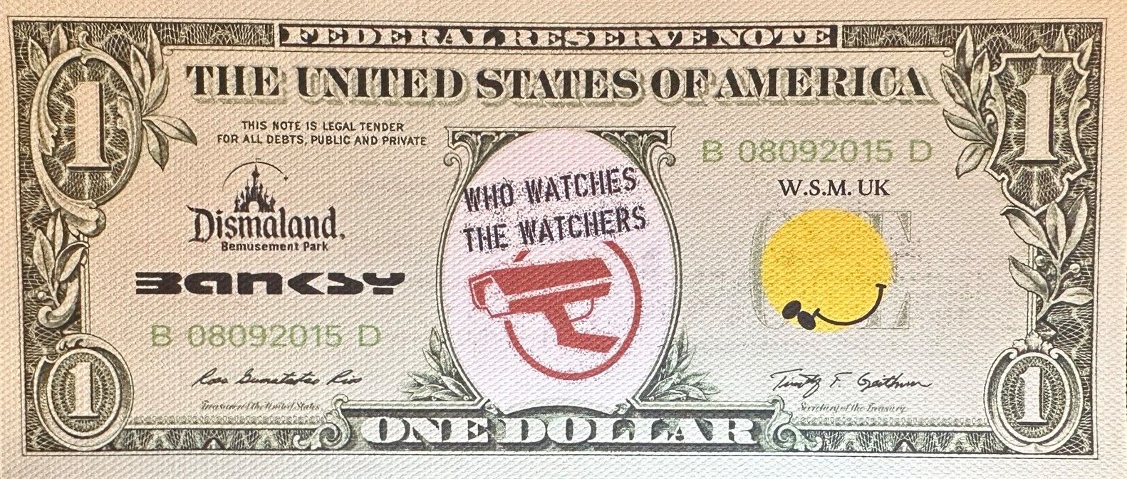 Null BANKSY (after), $1 Who Watches The Watchers, 2015, Print on canvas, has a B&hellip;