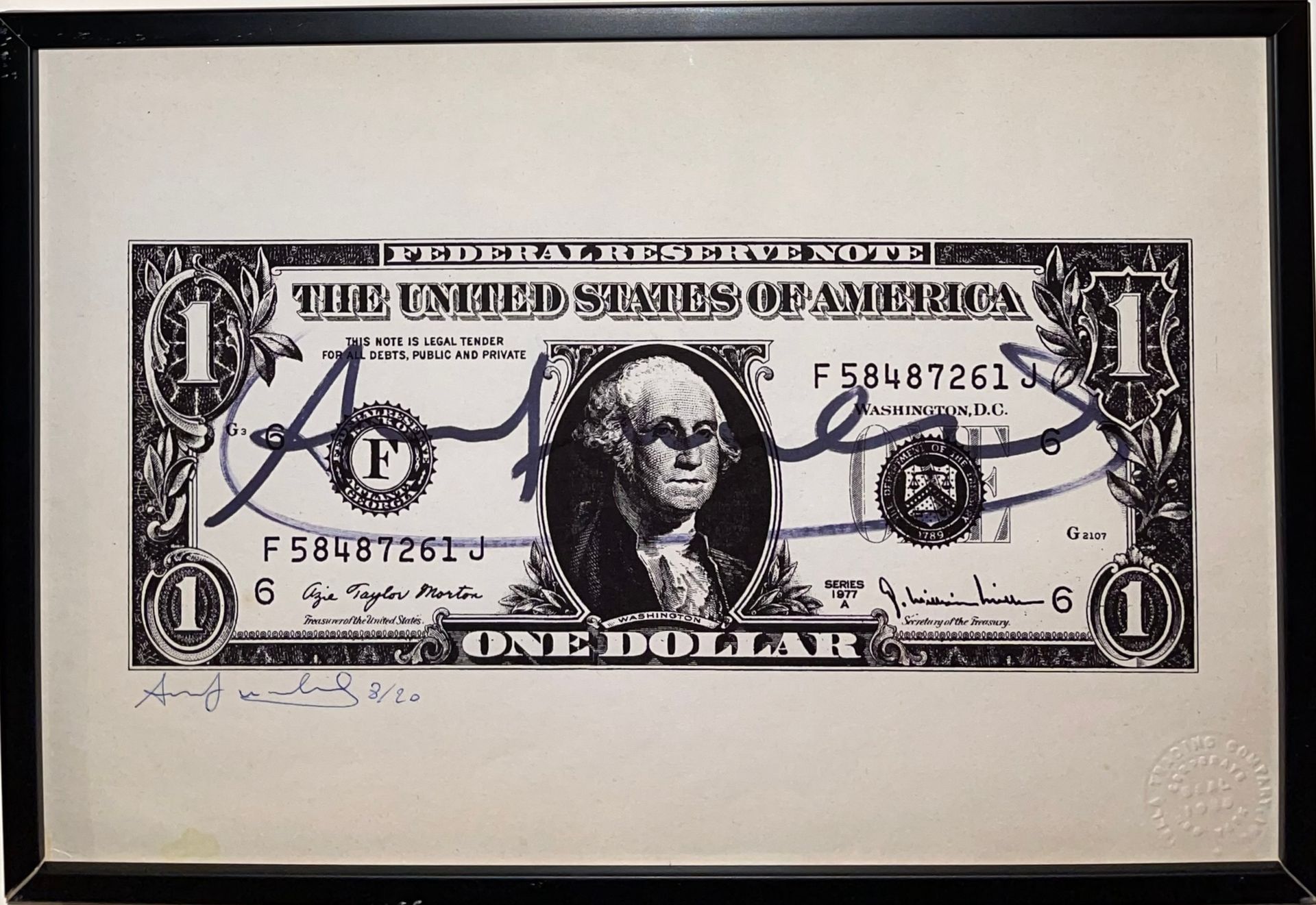 Null 安迪-沃霍尔（后），《一美元》，胶印版画，左下方有黑色毡尖签名和钢笔编号8/20，背面有安迪-沃霍尔和纽约市的两个印章，无框21.5 x 32.5厘米&hellip;