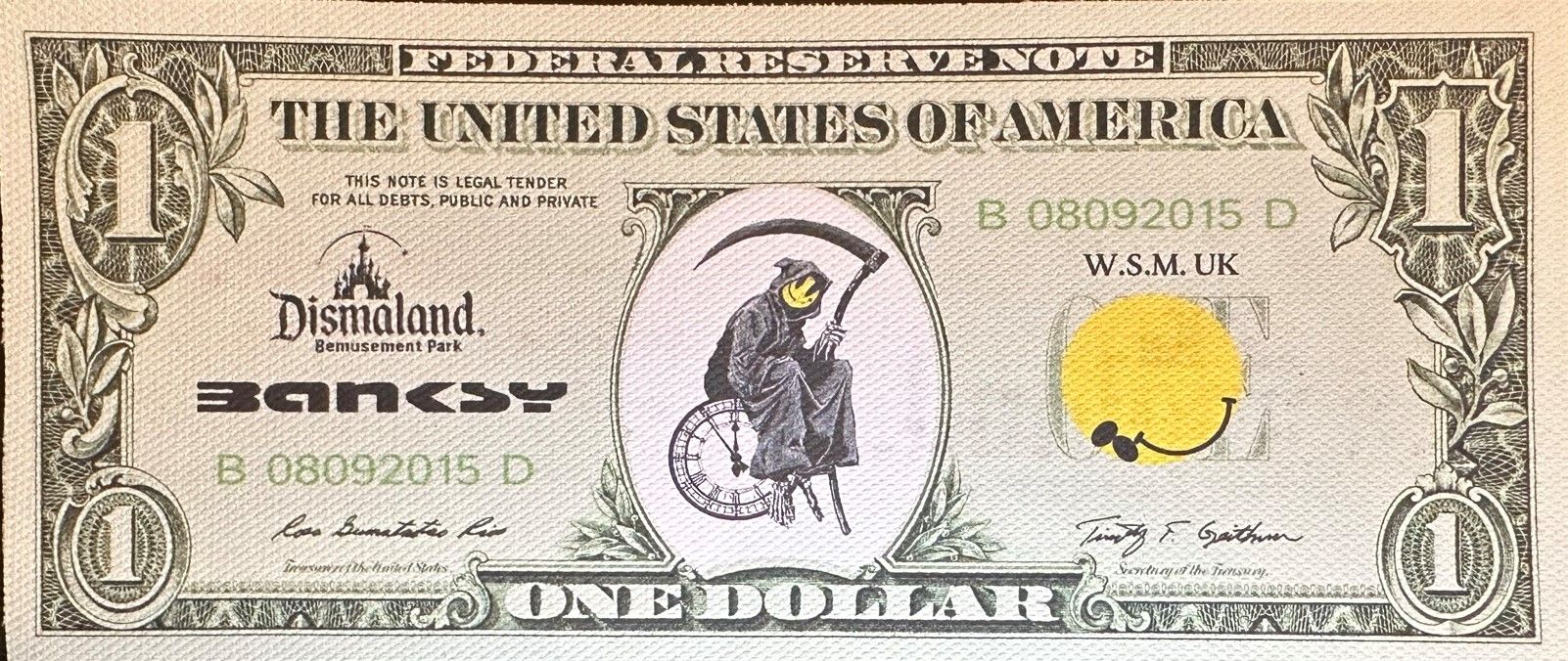 Null BANKSY（后），1美元的死神，布面打印，板上有BANKSY的签名，前后有DISMALAND节的标志，8.5 x 20.5厘米。与迪斯马兰门票一起出&hellip;