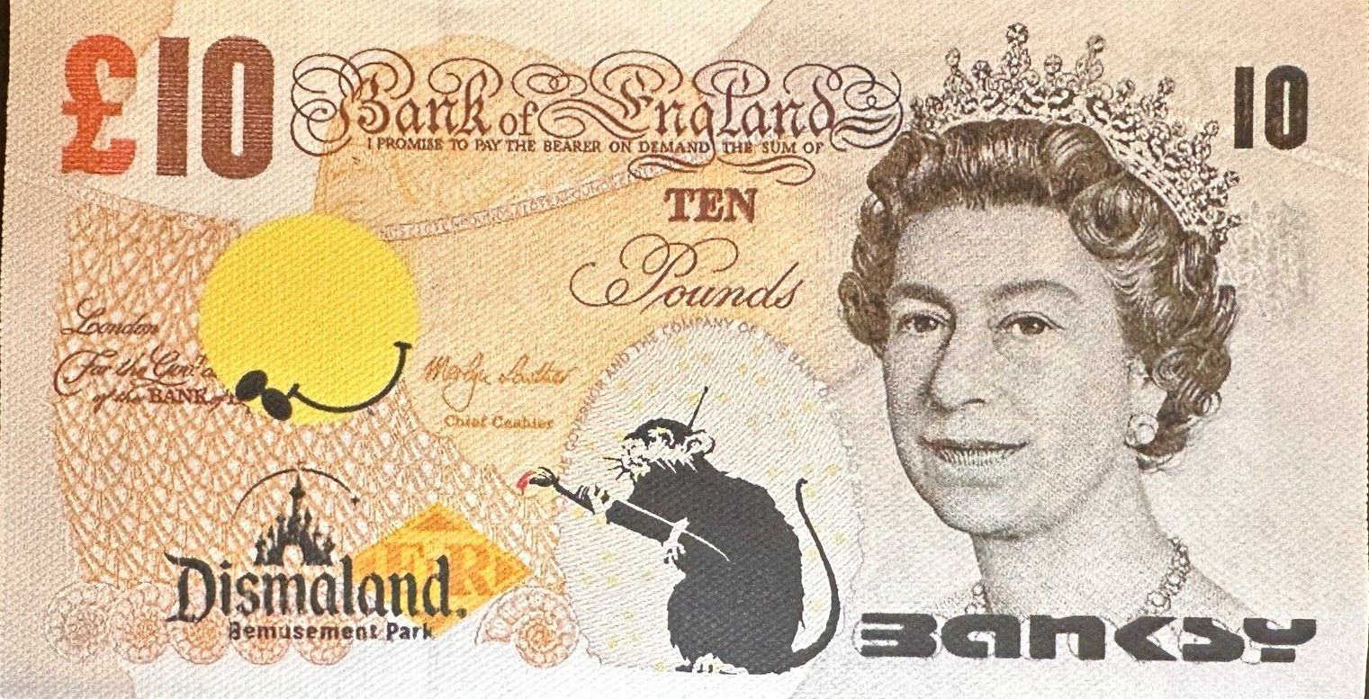 Null BANKSY (after), £10 Rat Painter, 2015, Stampa su tela, ha la firma di BANKS&hellip;